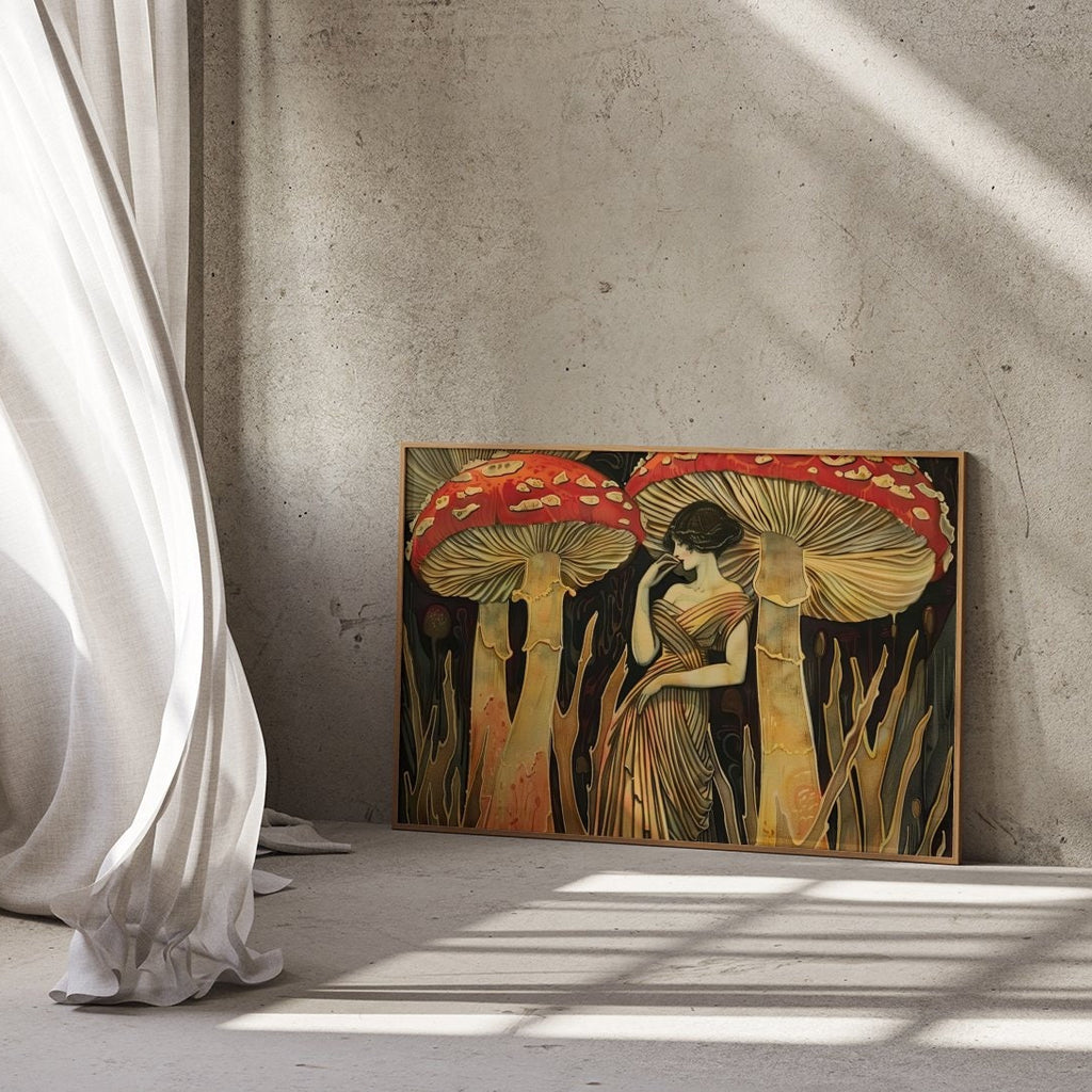 The Mushroom Queen: Art Nouveau Woman in a Glowing Forest | Ethereal & Enchanting Wall Art