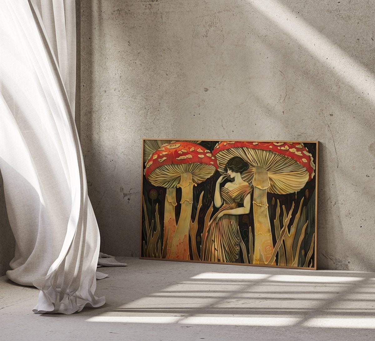The Mushroom Queen: Art Nouveau Woman in a Glowing Forest | Ethereal & Enchanting Wall Art