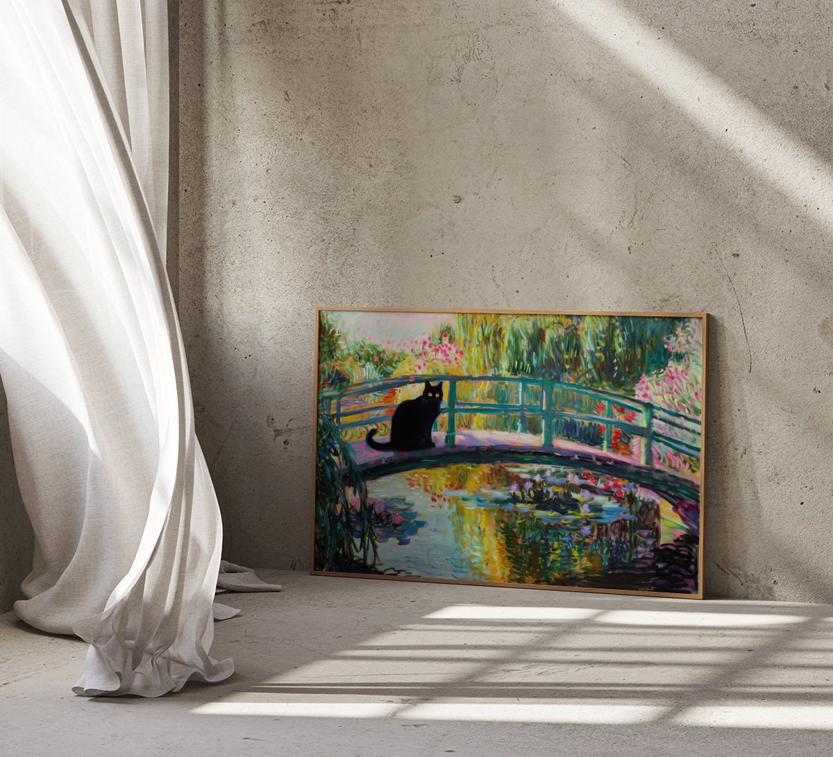 Monet's Muse Black Cat on a Japanese Bridge Interactive Wall Art