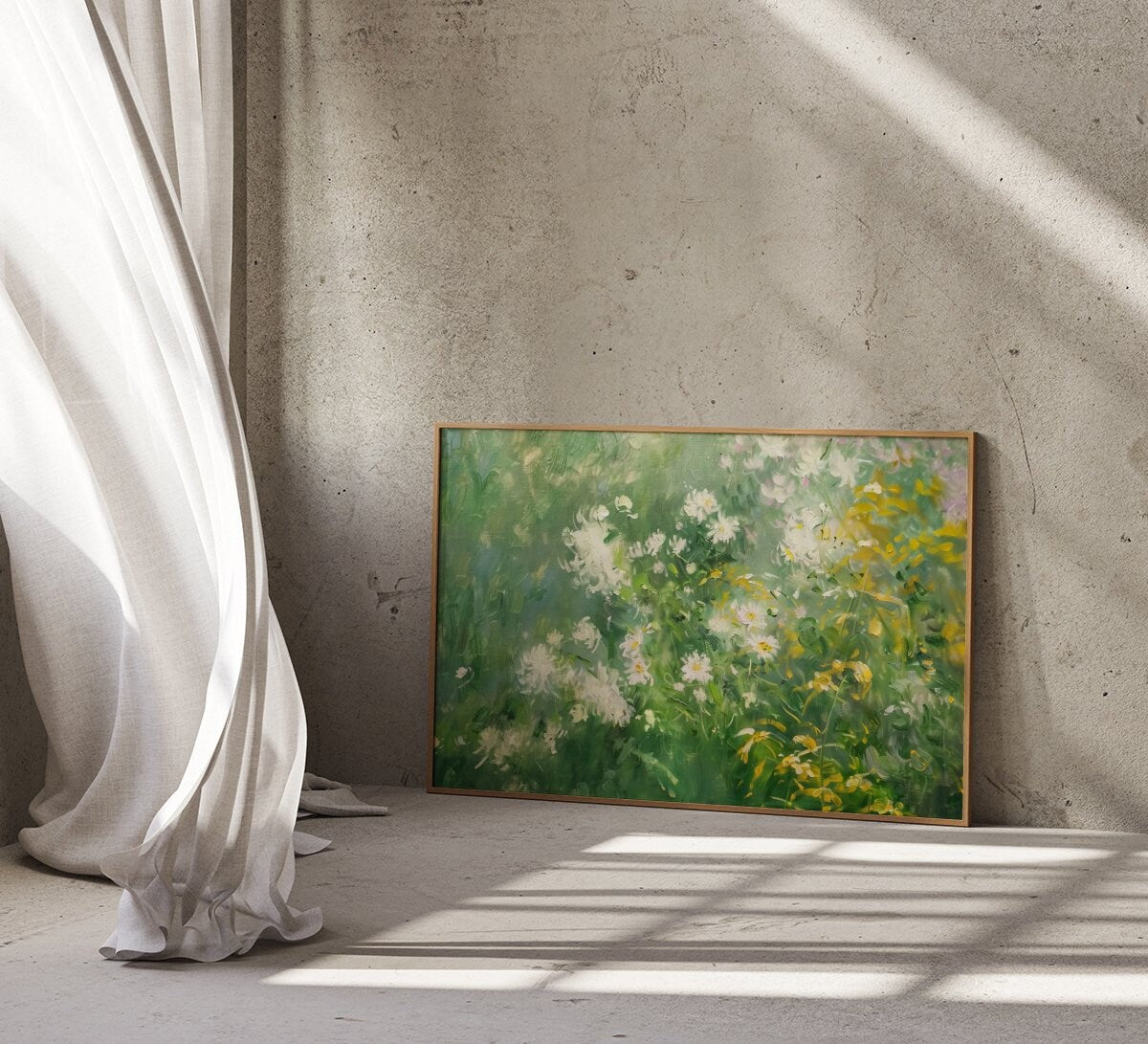 Meadow Serenity: Impressionist Wildflower Field Art | White & Yellow Floral Landscape Decor