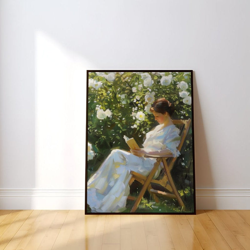 Impressionist Wall Art – Serene Garden Painting with Woman Reading & Golden Retriever