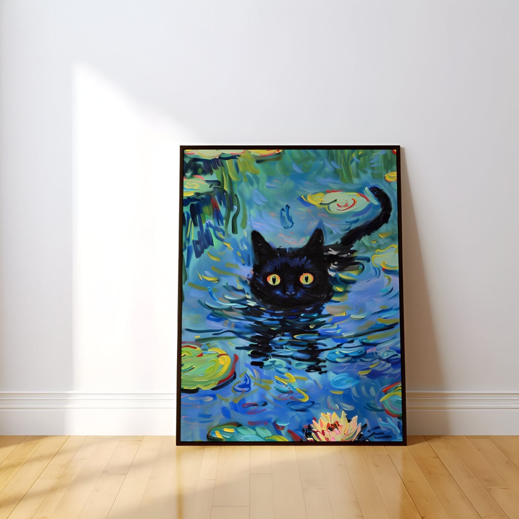 Monet's Prowler: Black Cat in Water Lilies Pond | Impressionist & Whimsical Wall Art