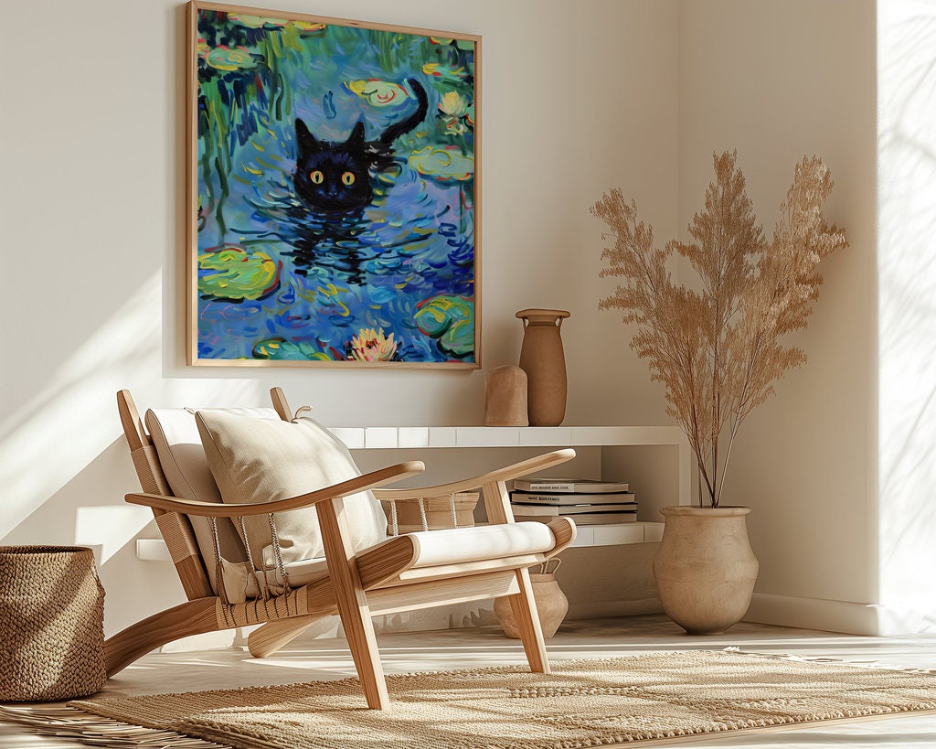 Monet's Prowler Black Cat Among Water Lilies Interactive Wall Art