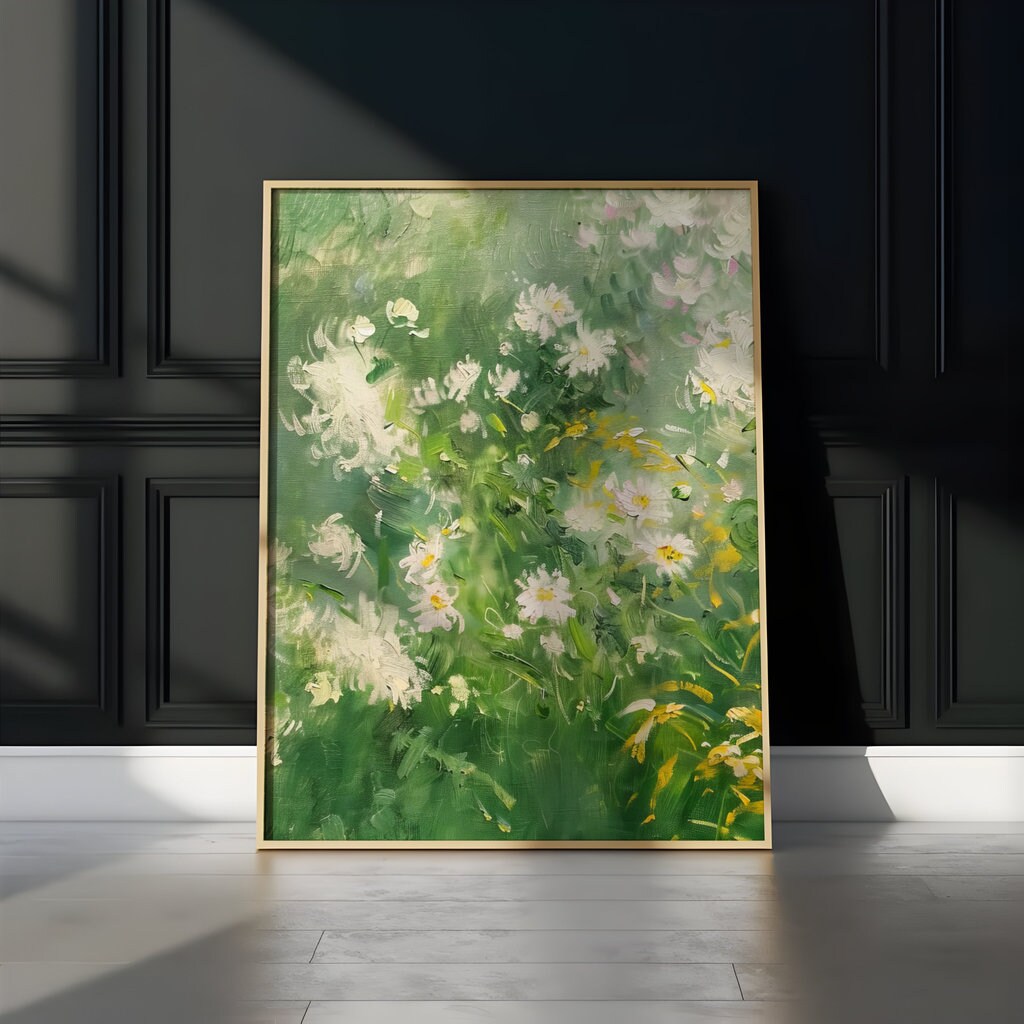 Meadow Serenity: Impressionist Wildflower Field Art | White & Yellow Floral Landscape Decor
