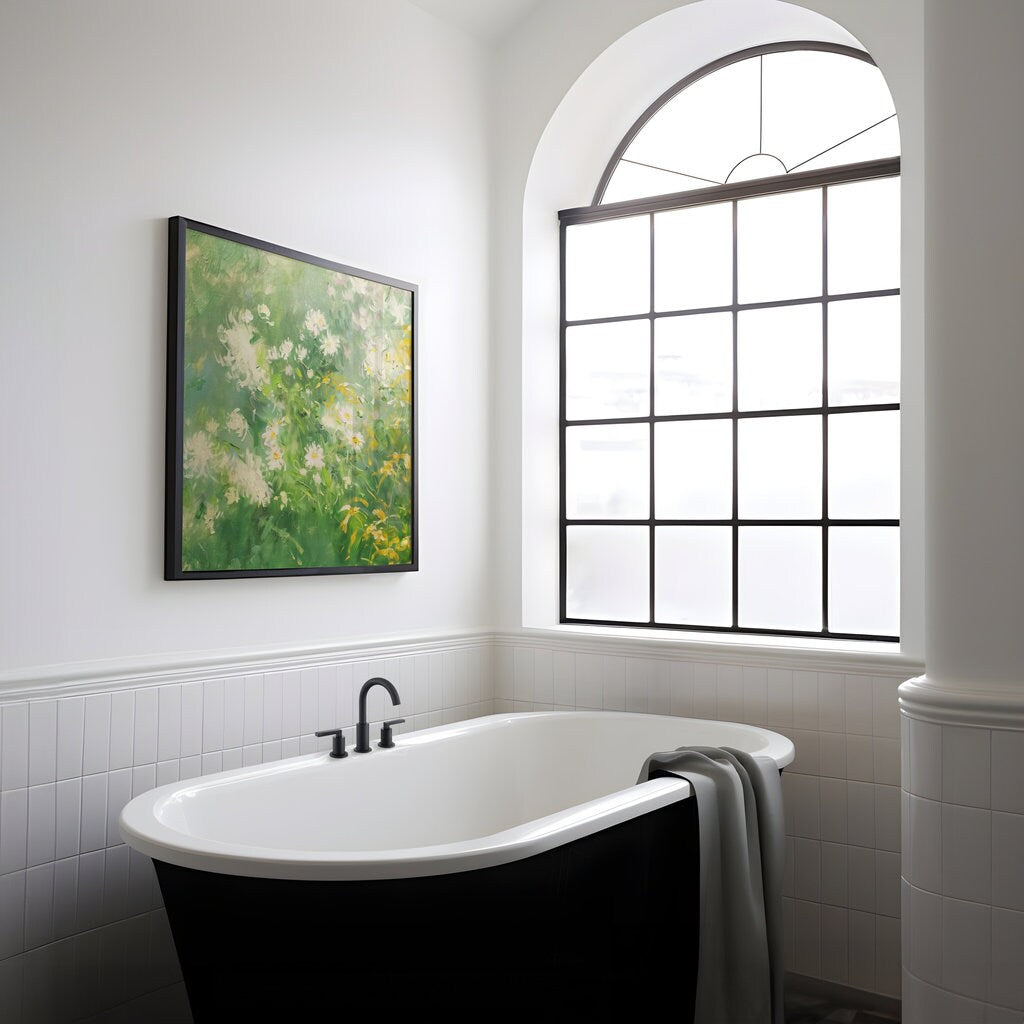 Meadow Serenity: Impressionist Wildflower Field Art | White & Yellow Floral Landscape Decor