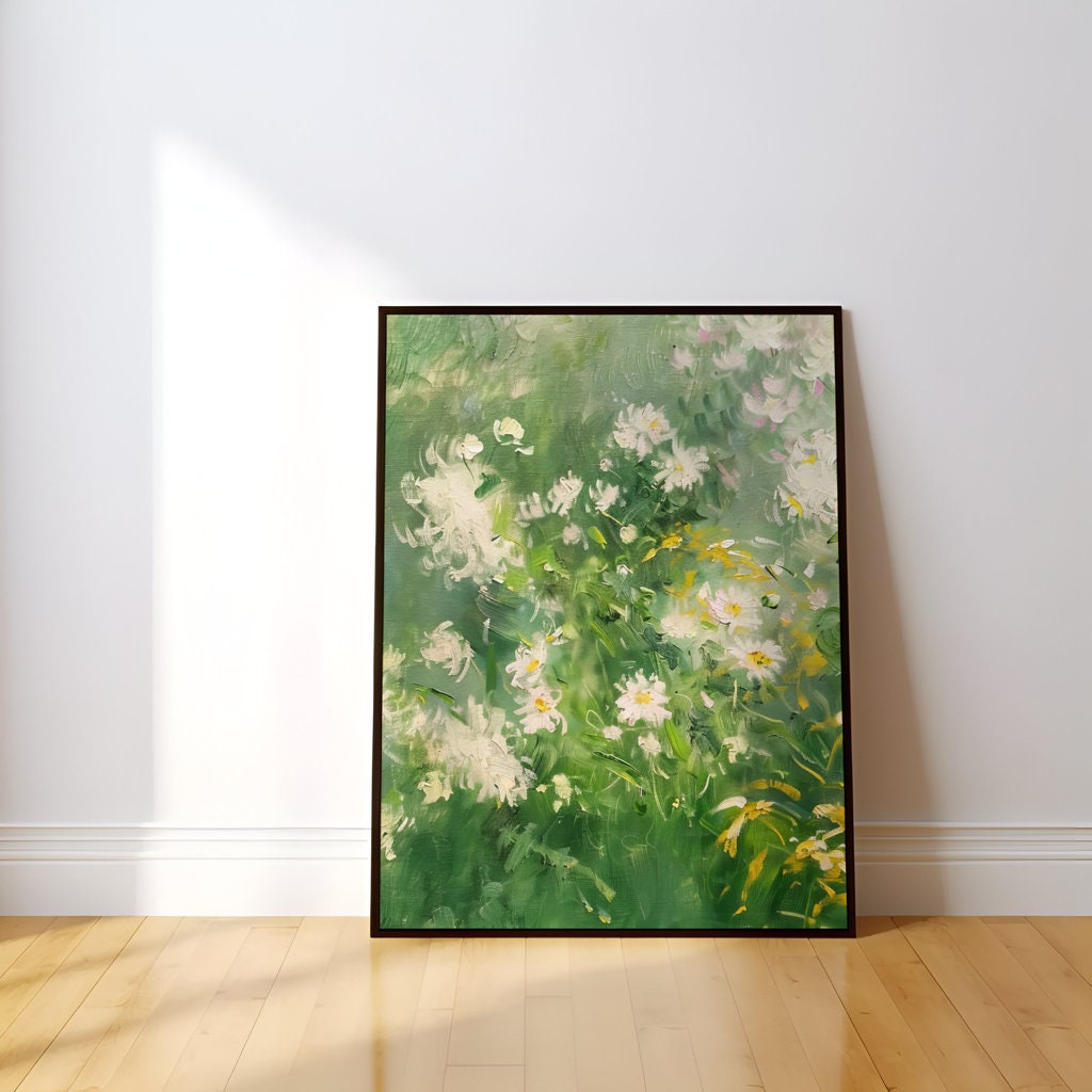 Meadow Serenity: Impressionist Wildflower Field Art | White & Yellow Floral Landscape Decor