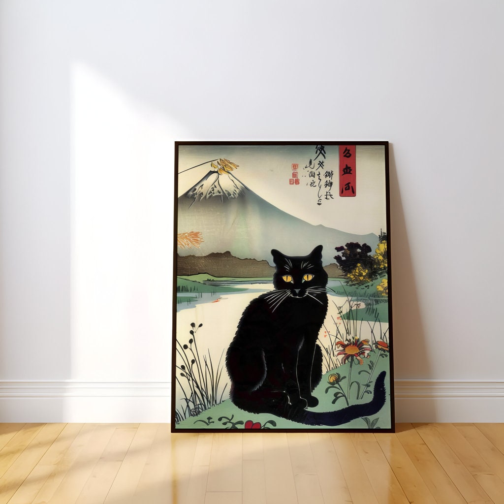 Black Cat in Bloom Ukiyo-e Style Interactive Wall Art