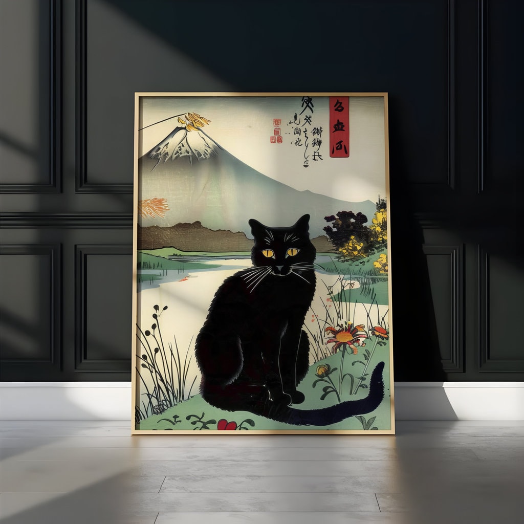 Black Cat in Bloom Ukiyo-e Style Interactive Wall Art