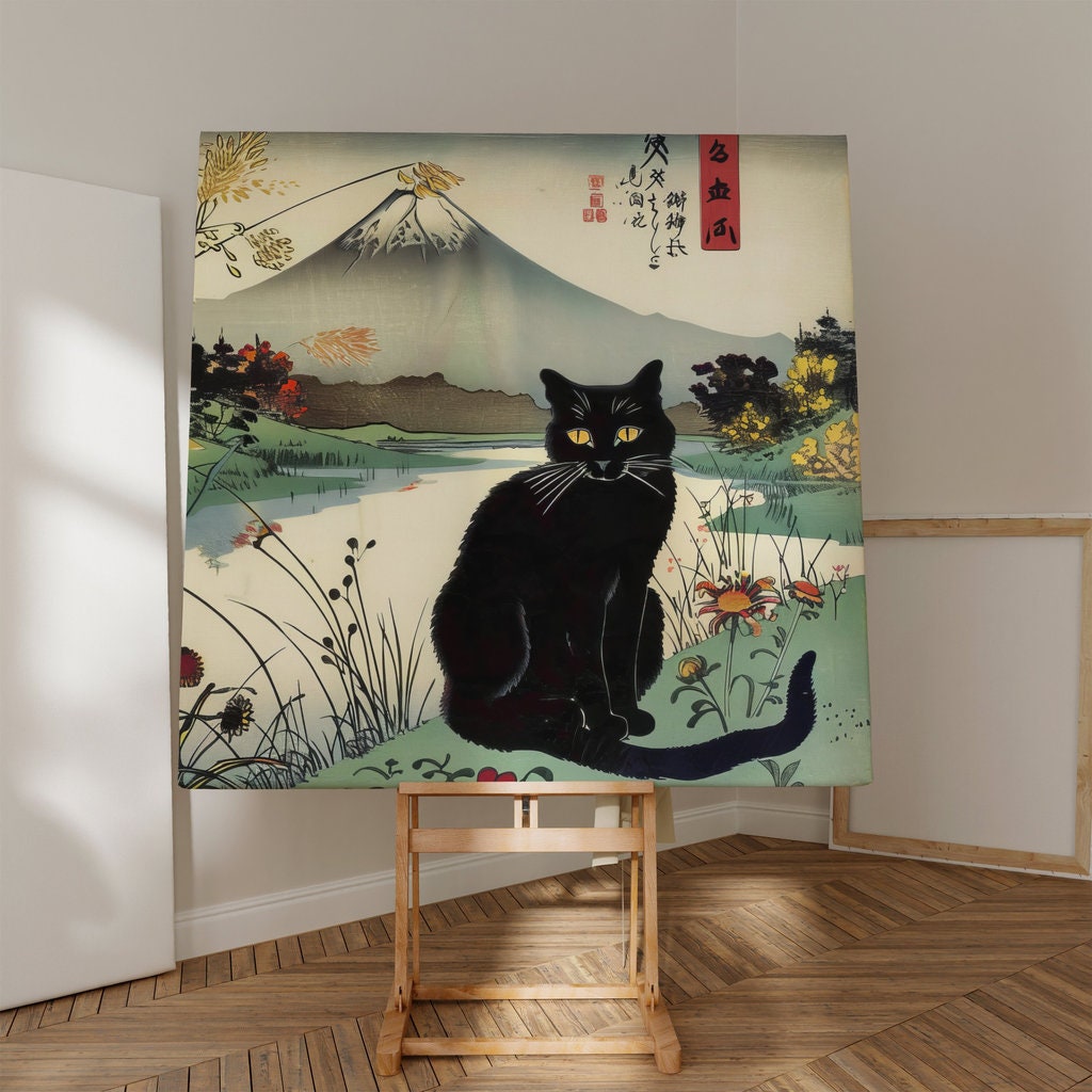 Black Cat in Bloom Ukiyo-e Style Interactive Wall Art