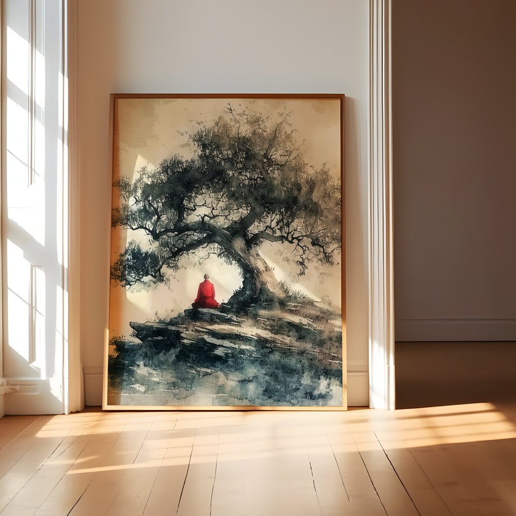 The Ancient Path: Meditating Monk Under Tree Watercolor | Serene & Spiritual Zen Art