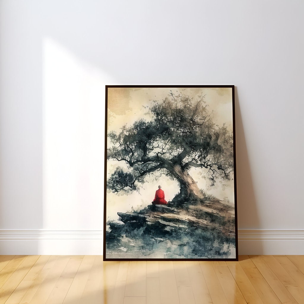 The Ancient Path: Meditating Monk Under Tree Watercolor | Serene & Spiritual Zen Art
