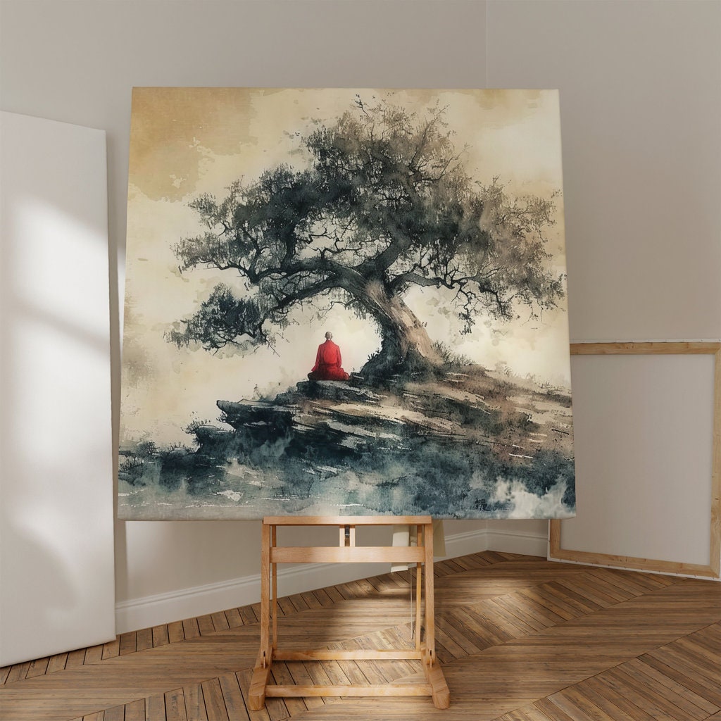 The Ancient Path: Meditating Monk Under Tree Watercolor | Serene & Spiritual Zen Art