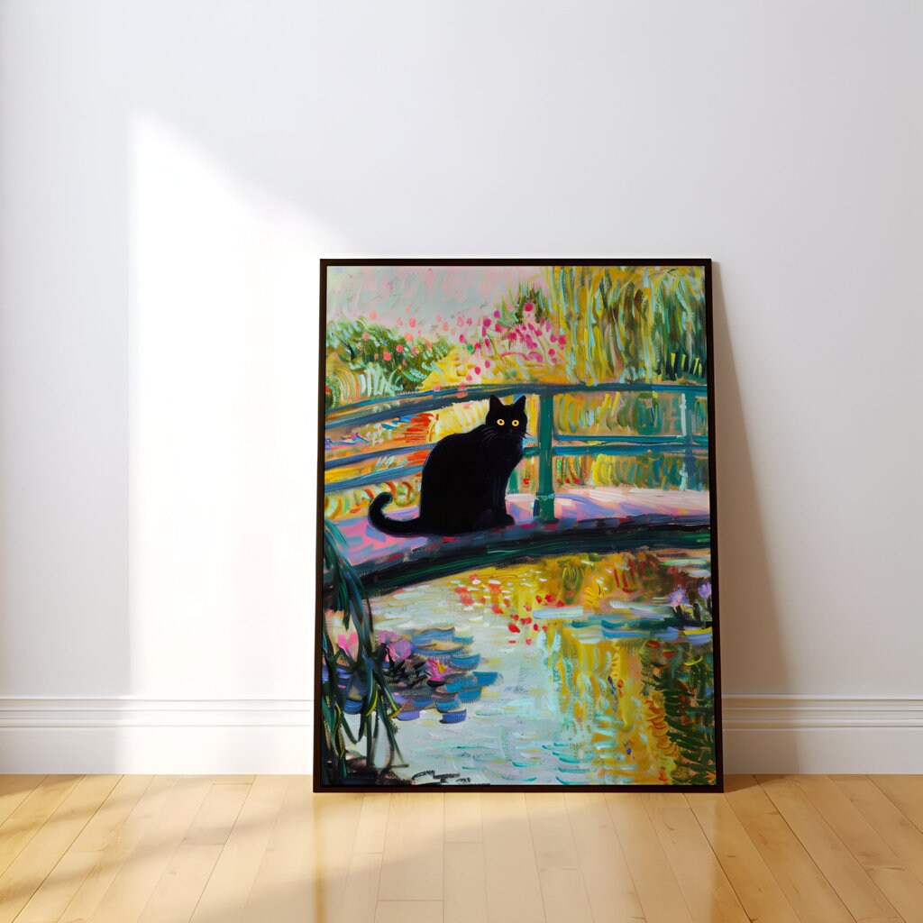 Monet's Muse Black Cat on a Japanese Bridge Interactive Wall Art