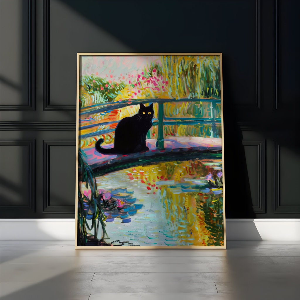 Monet's Muse Black Cat on a Japanese Bridge Interactive Wall Art