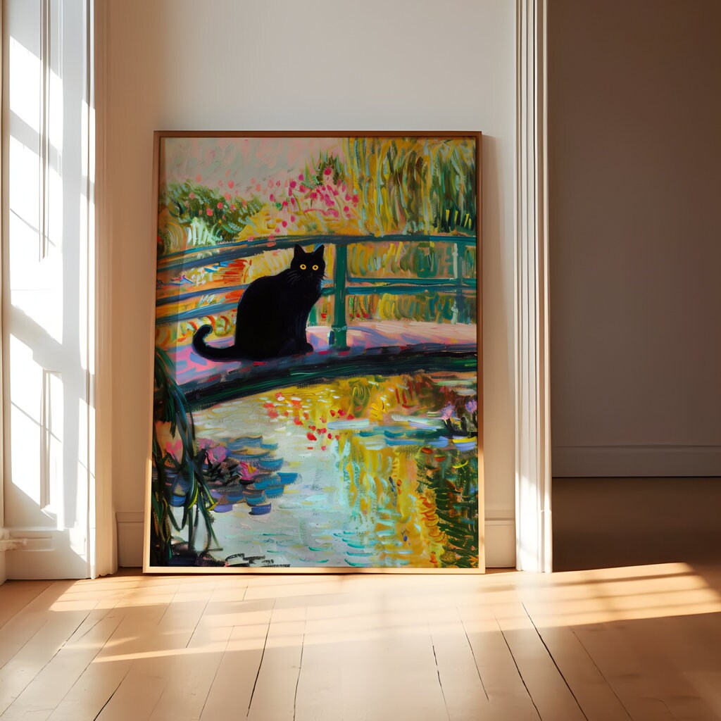 Monet's Muse Black Cat on a Japanese Bridge Interactive Wall Art