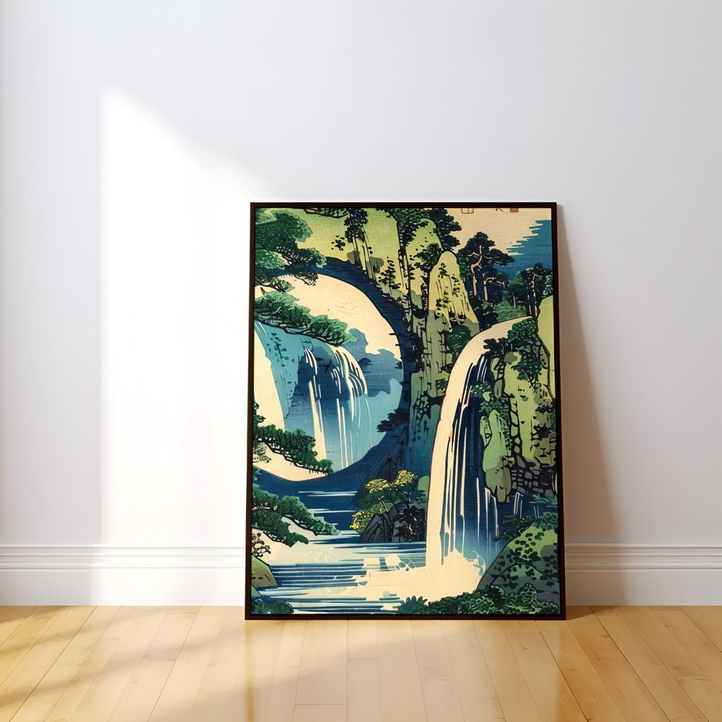 The Hidden Stream: Japanese Ukiyo-e Waterfall & Pavilion | Serene & Traditional Asian Art