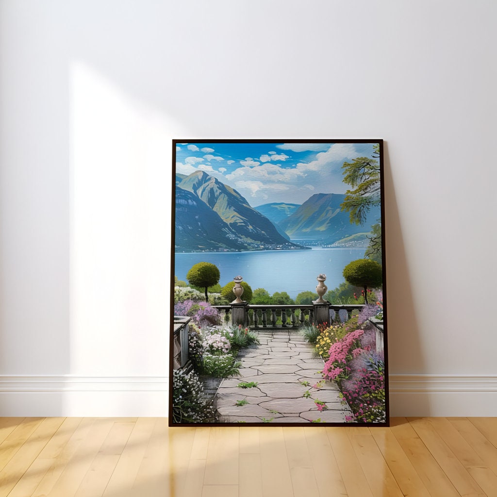 The Walled Garden: Tranquil Lake & Mountain Vista | Serene & Idyllic Landscape Art
