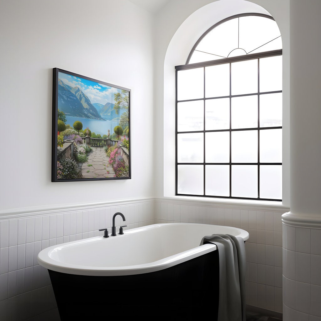 The Walled Garden: Tranquil Lake & Mountain Vista | Serene & Idyllic Landscape Art