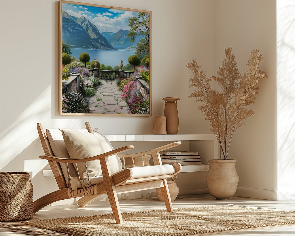 The Walled Garden: Tranquil Lake & Mountain Vista | Serene & Idyllic Landscape Art