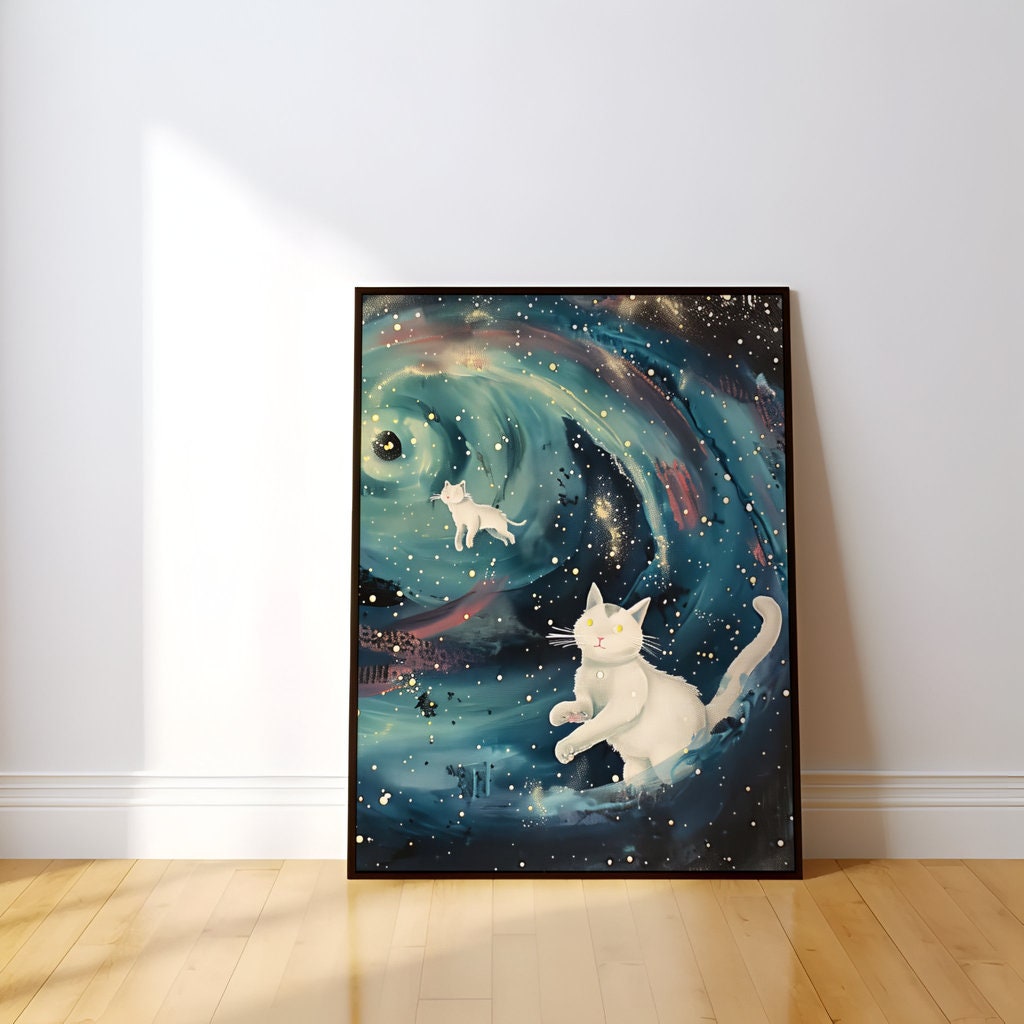 Galactic Whimsy White Cats in a Swirling Galaxy, QR Live Art, Immersive Art