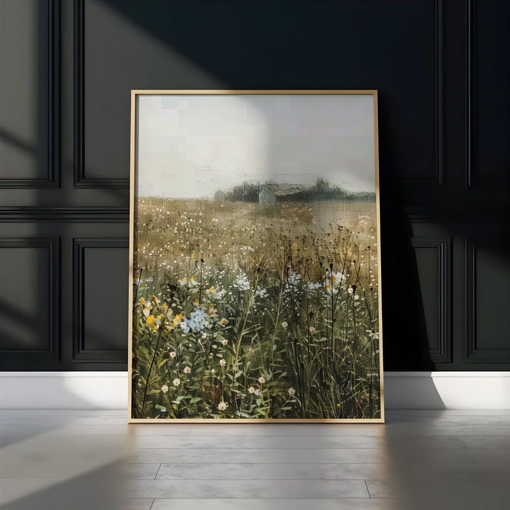Whispers of Dawn: Impressionist Wildflower Field & Barn Art | Serene & Nostalgic Farmhouse Decor