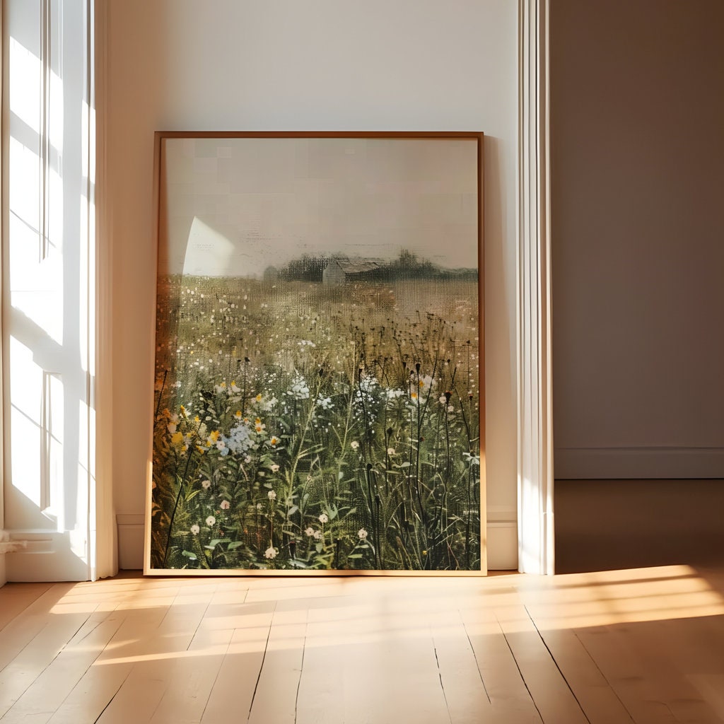 Whispers of Dawn: Impressionist Wildflower Field & Barn Art | Serene & Nostalgic Farmhouse Decor