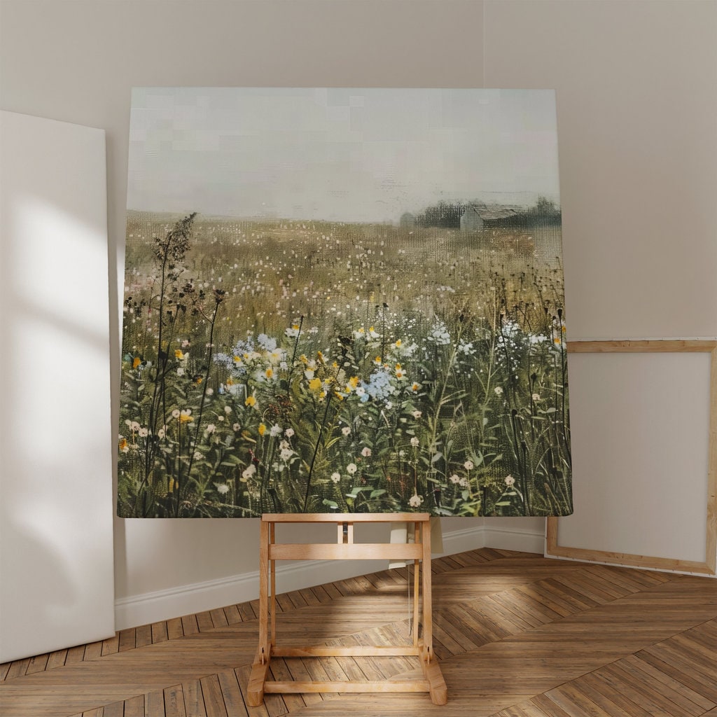 Whispers of Dawn: Impressionist Wildflower Field & Barn Art | Serene & Nostalgic Farmhouse Decor