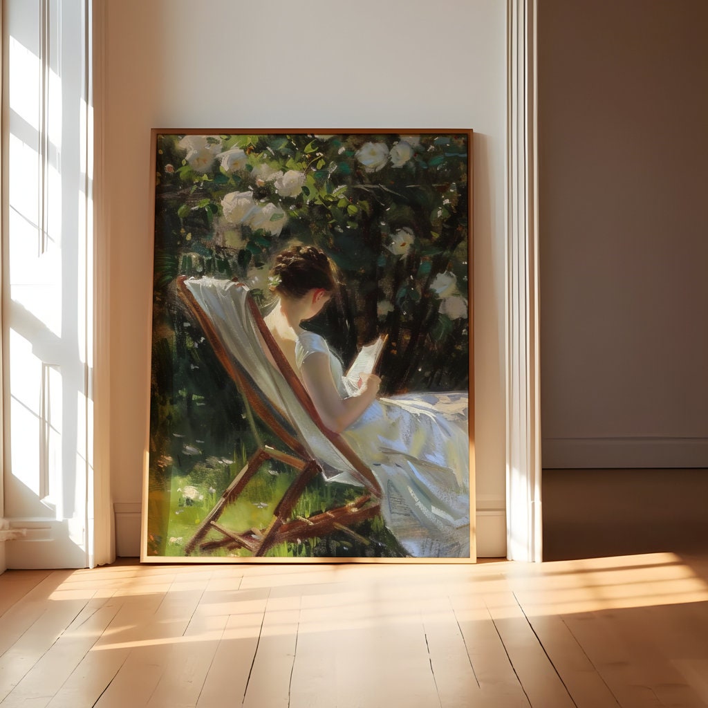 Garden Serenity: Impressionist Woman Reading with Dog | Idyllic & Peaceful Wall Art