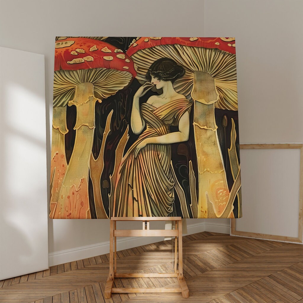 The Mushroom Queen: Art Nouveau Woman in a Glowing Forest | Ethereal & Enchanting Wall Art