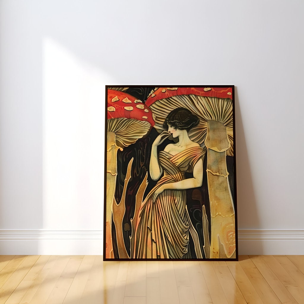The Mushroom Queen: Art Nouveau Woman in a Glowing Forest | Ethereal & Enchanting Wall Art