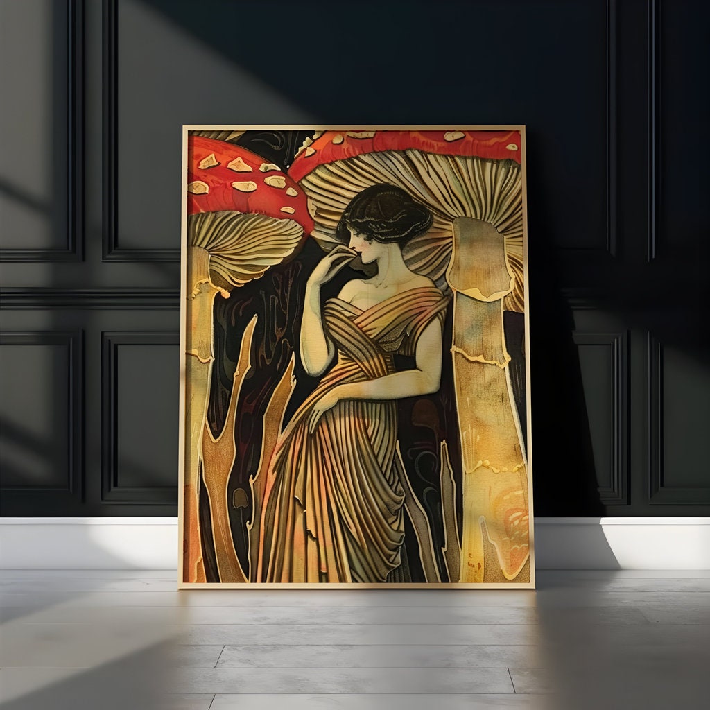 The Mushroom Queen: Art Nouveau Woman in a Glowing Forest | Ethereal & Enchanting Wall Art