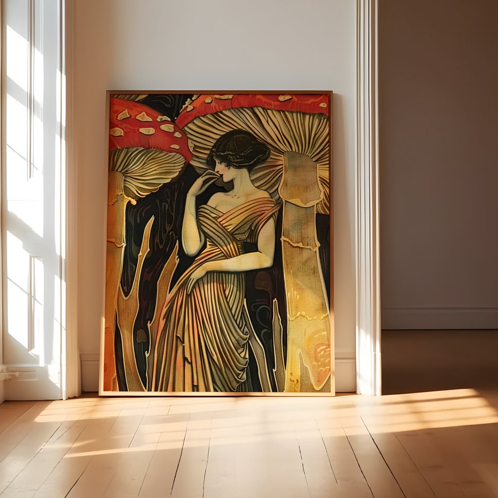 The Mushroom Queen: Art Nouveau Woman in a Glowing Forest | Ethereal & Enchanting Wall Art