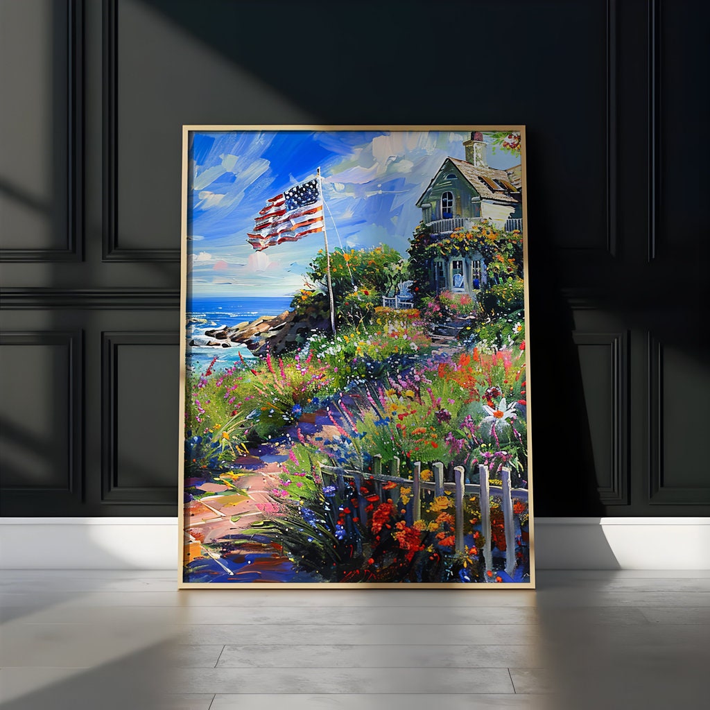 The American Dream: Impressionist Coastal Cottage with Flag | Patriotic & Serene Wall Art