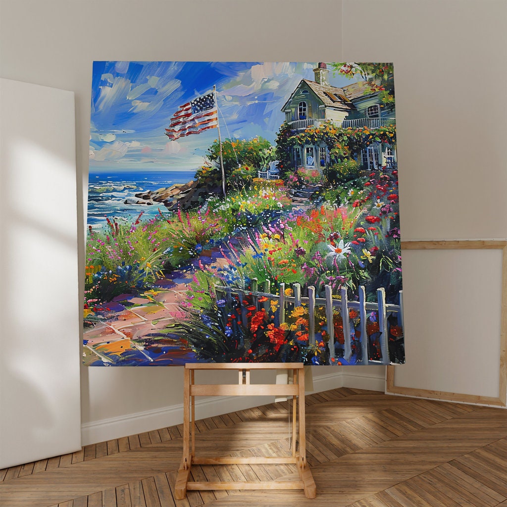 The American Dream: Impressionist Coastal Cottage with Flag | Patriotic & Serene Wall Art