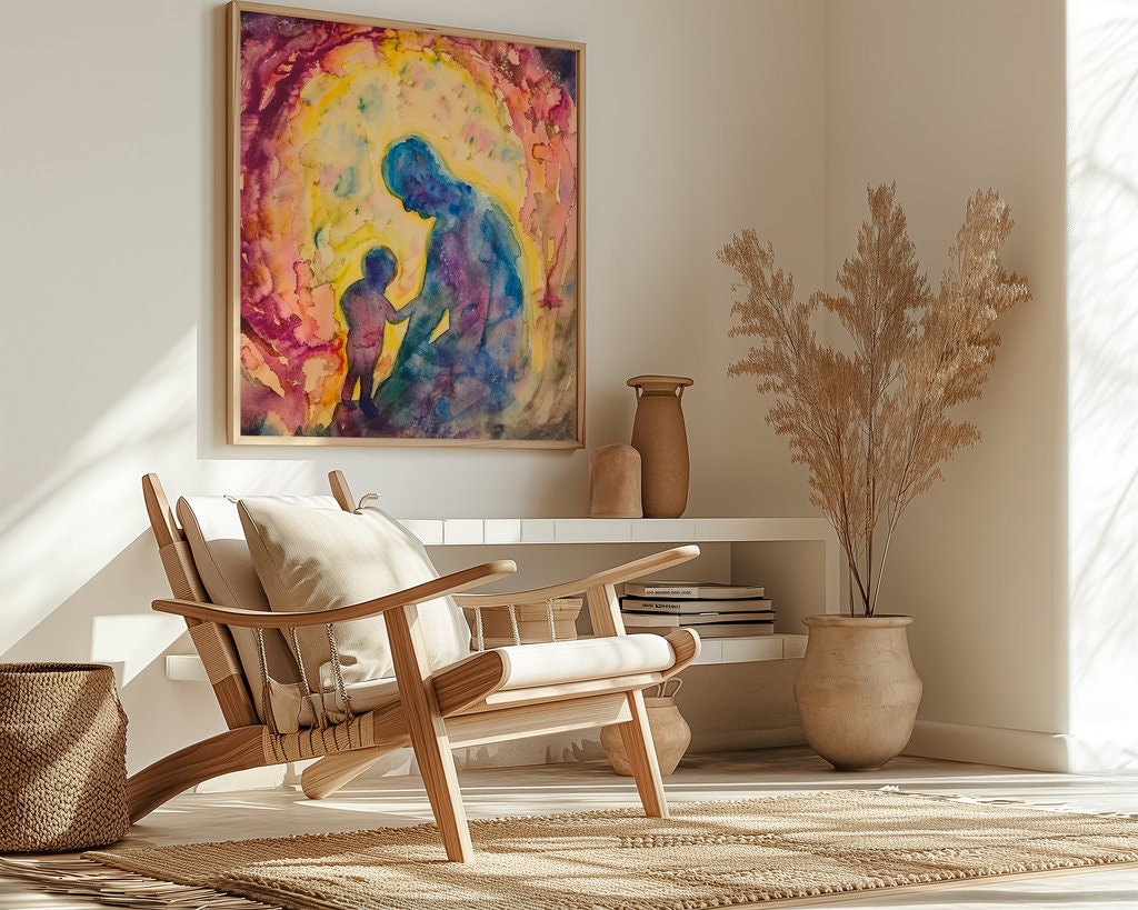 The Eternal Bond: Father and Son Silhouette Watercolor | Heartfelt & Modern Family Wall Art