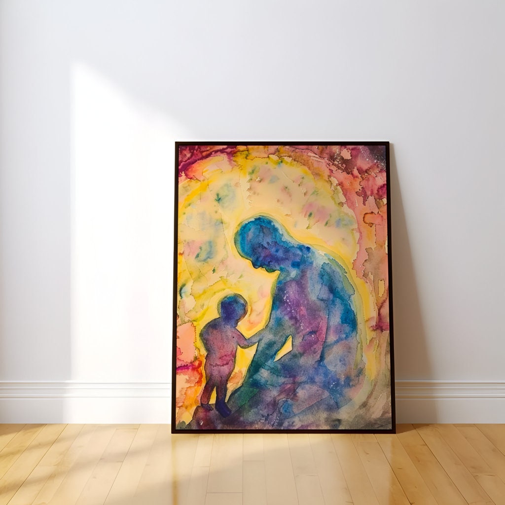 The Eternal Bond: Father and Son Silhouette Watercolor | Heartfelt & Modern Family Wall Art