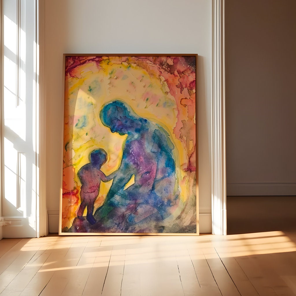 The Eternal Bond: Father and Son Silhouette Watercolor | Heartfelt & Modern Family Wall Art