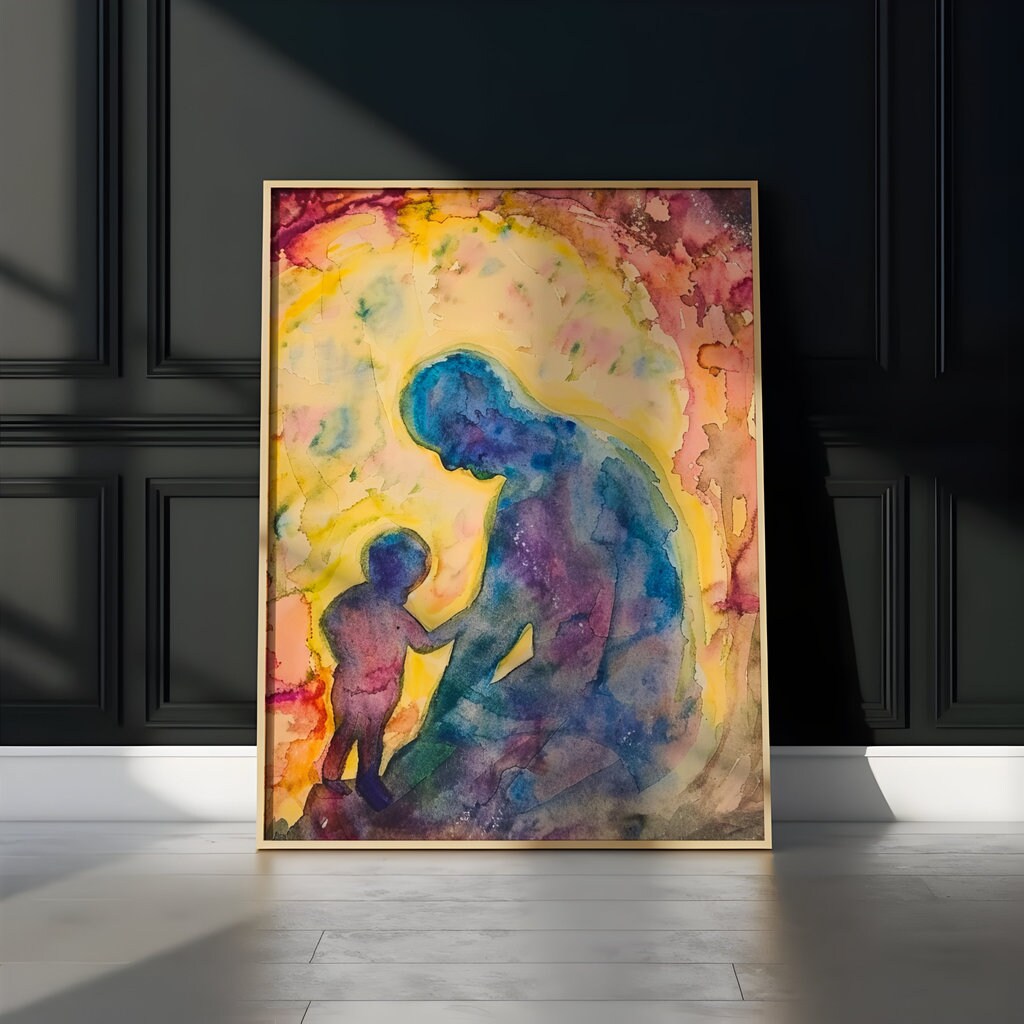 The Eternal Bond: Father and Son Silhouette Watercolor | Heartfelt & Modern Family Wall Art