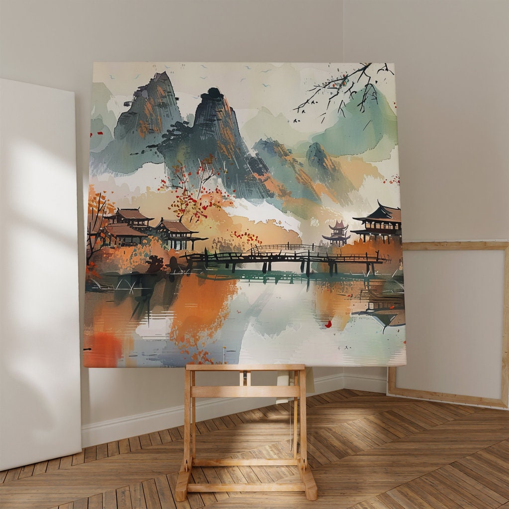 Mountain River Path: Serene Chinese Watercolor of Autumn Village | Traditional Asian Landscape Art