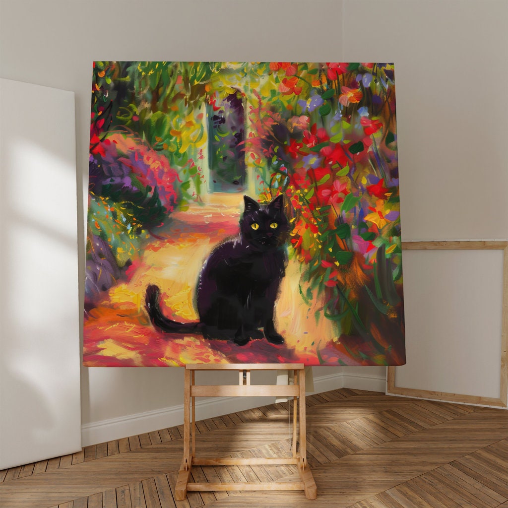 Garden Guardian Black Cat in a Floral Paradise Interactive Wall Art