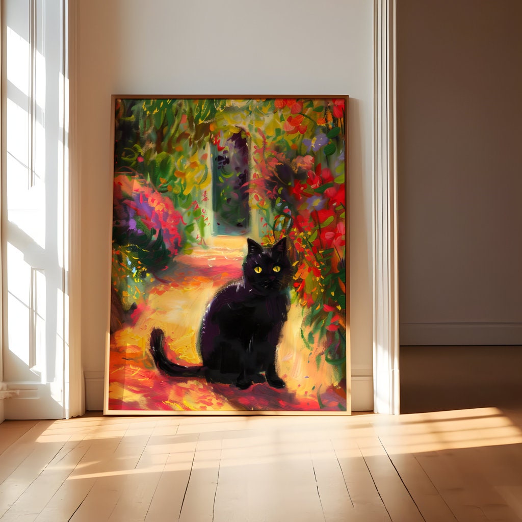 Garden Guardian Black Cat in a Floral Paradise Interactive Wall Art