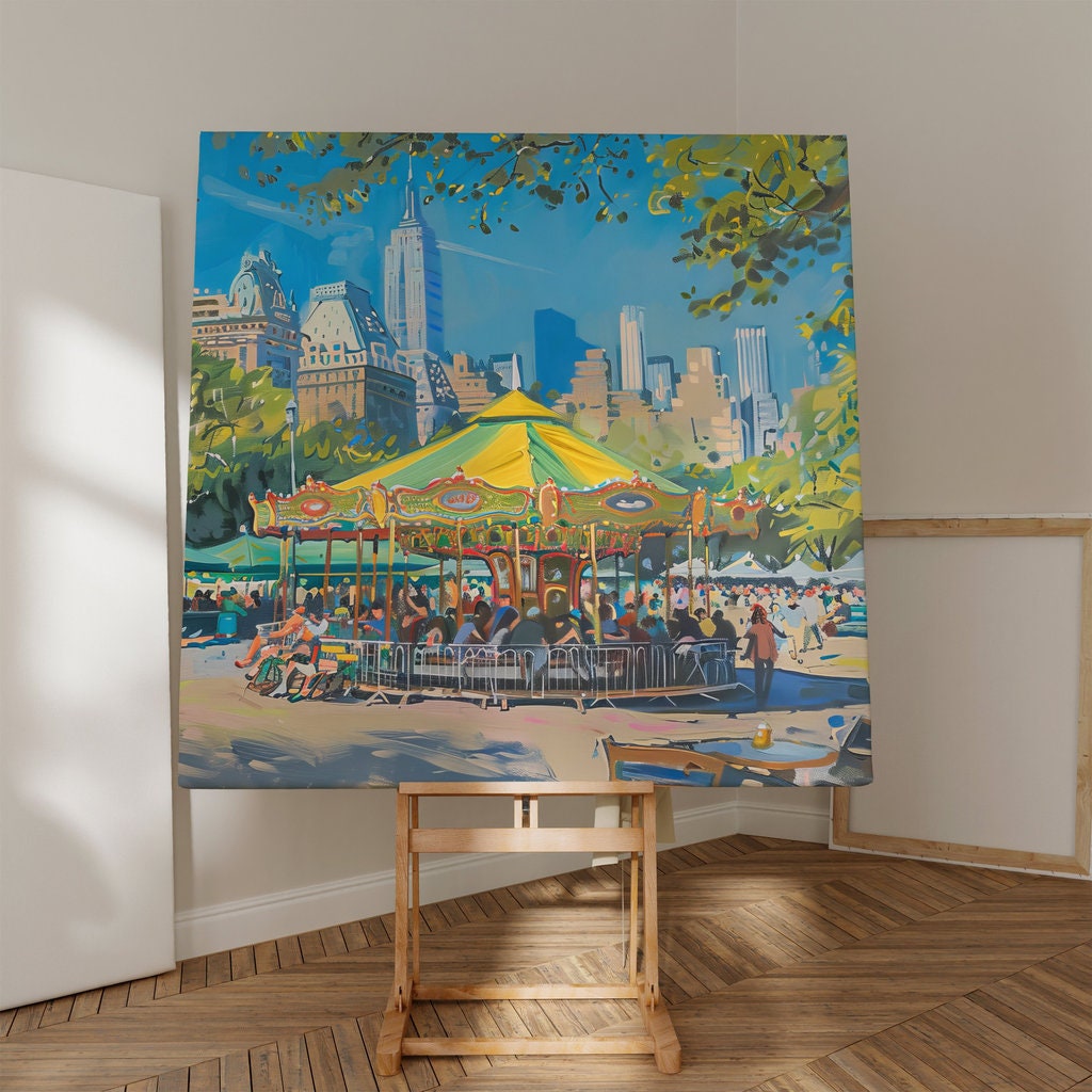 The Urban Carousel: Impressionist City Park Painting | Whimsical & Vibrant Wall Art