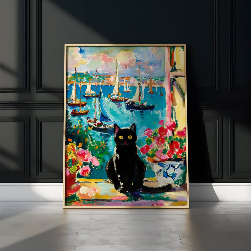 Harbor Dreams: Black Cat on a Window Sill Interactive Wall Art