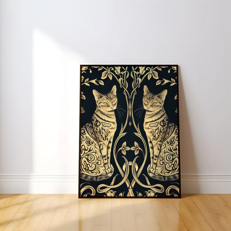 Art Nouveau Cat Portrait - Elegant Bengal Cat Wall Art with Gold Floral Patterns