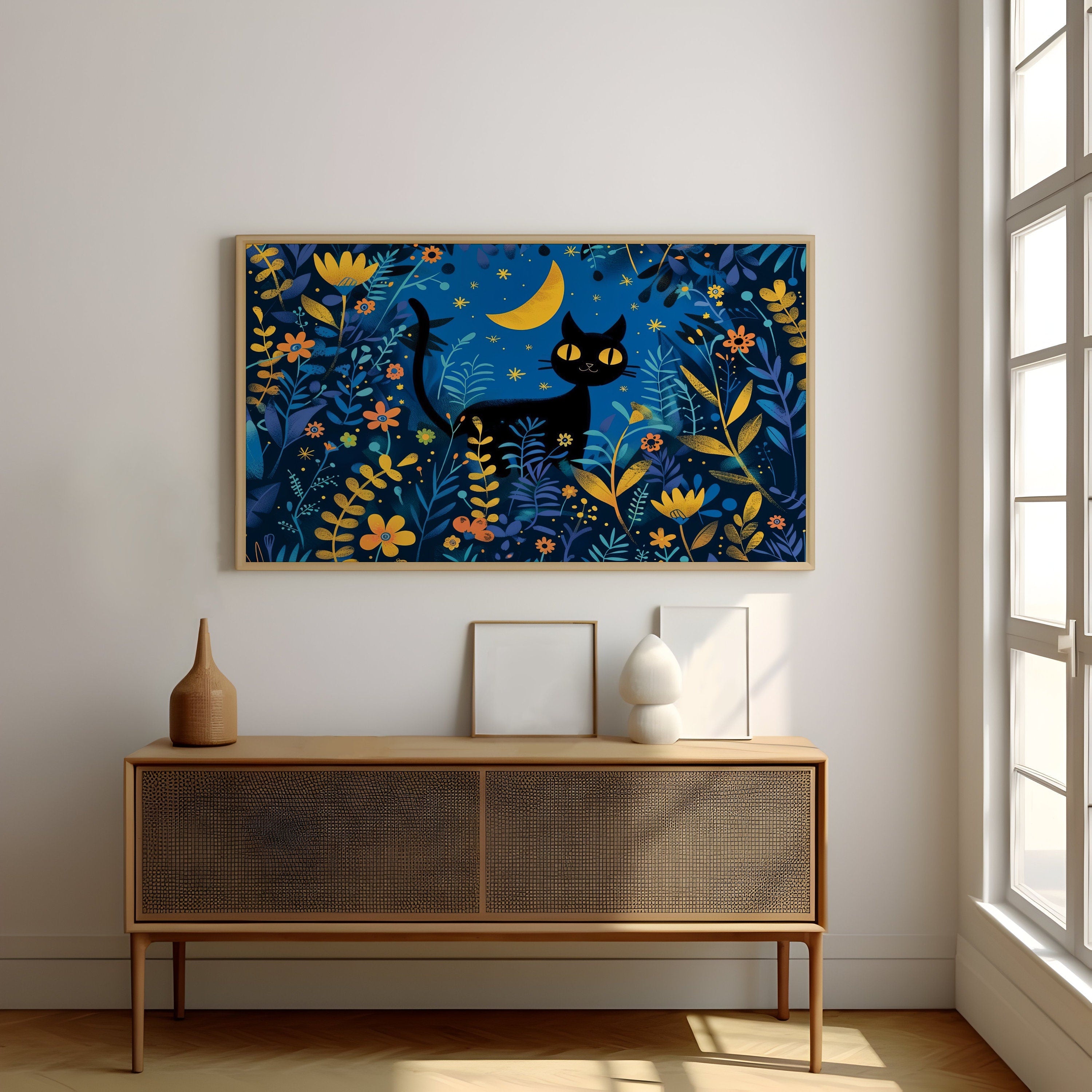 Moonlit Whimsy Black Cat in a Flower Field Interactive Wall Art