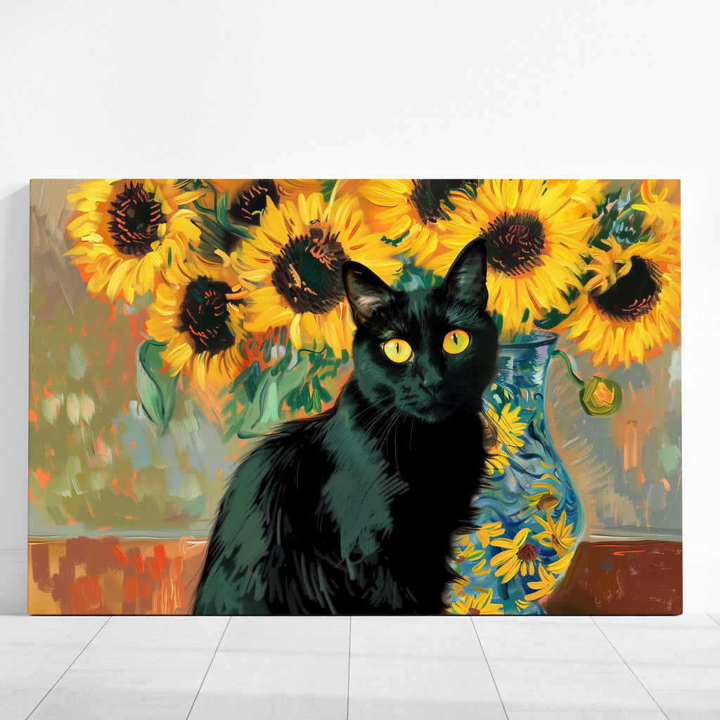 Sunflower Sentinel Black Cat and Blossoms Interactive Wall Art