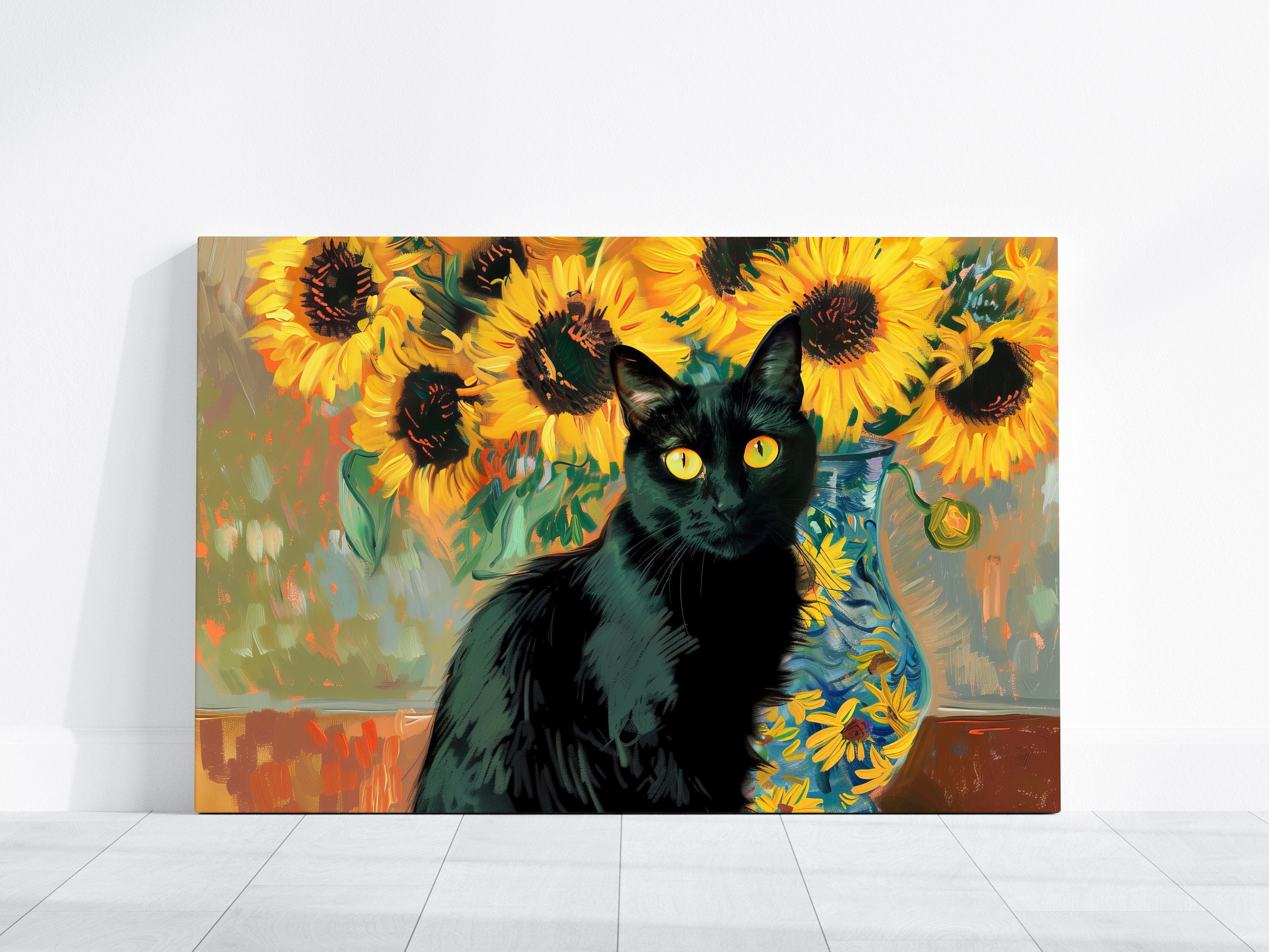 Sunflower Sentinel Black Cat and Blossoms Interactive Wall Art