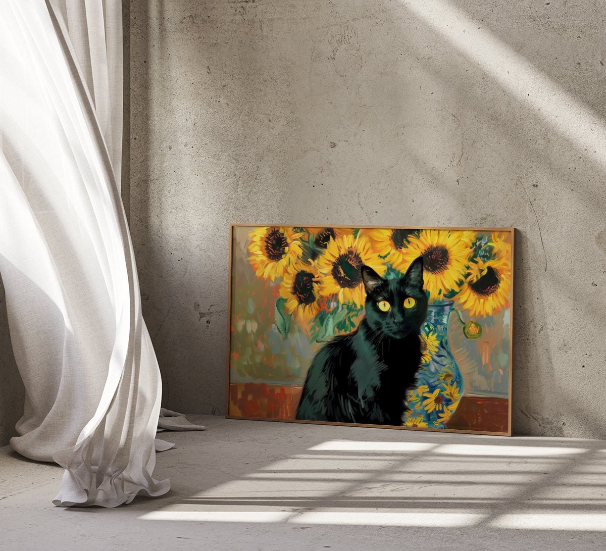 Sunflower Sentinel Black Cat and Blossoms Interactive Wall Art