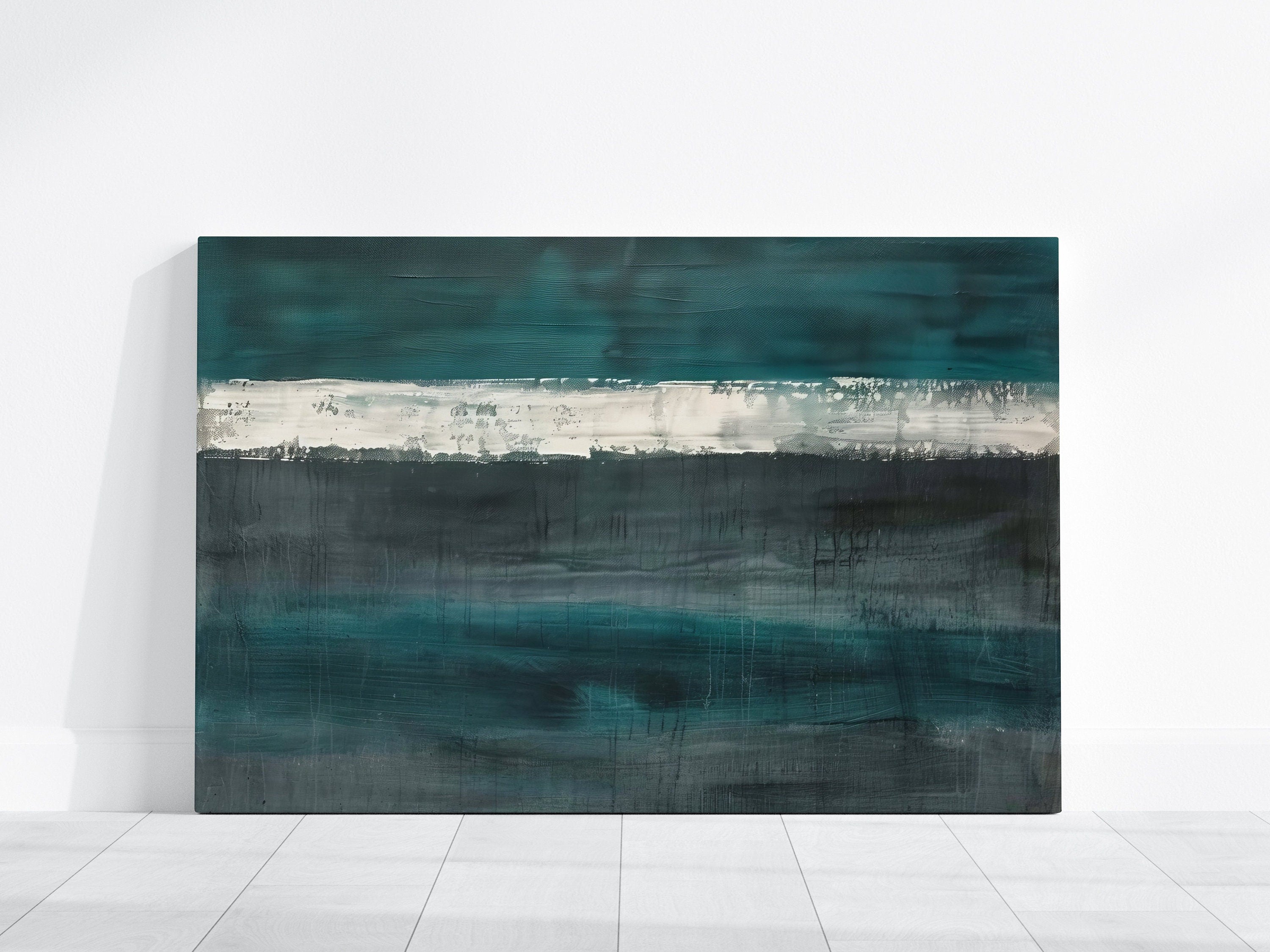 Divided Harmony Abstract Composition in Teal and Gray Interactive Wall Art