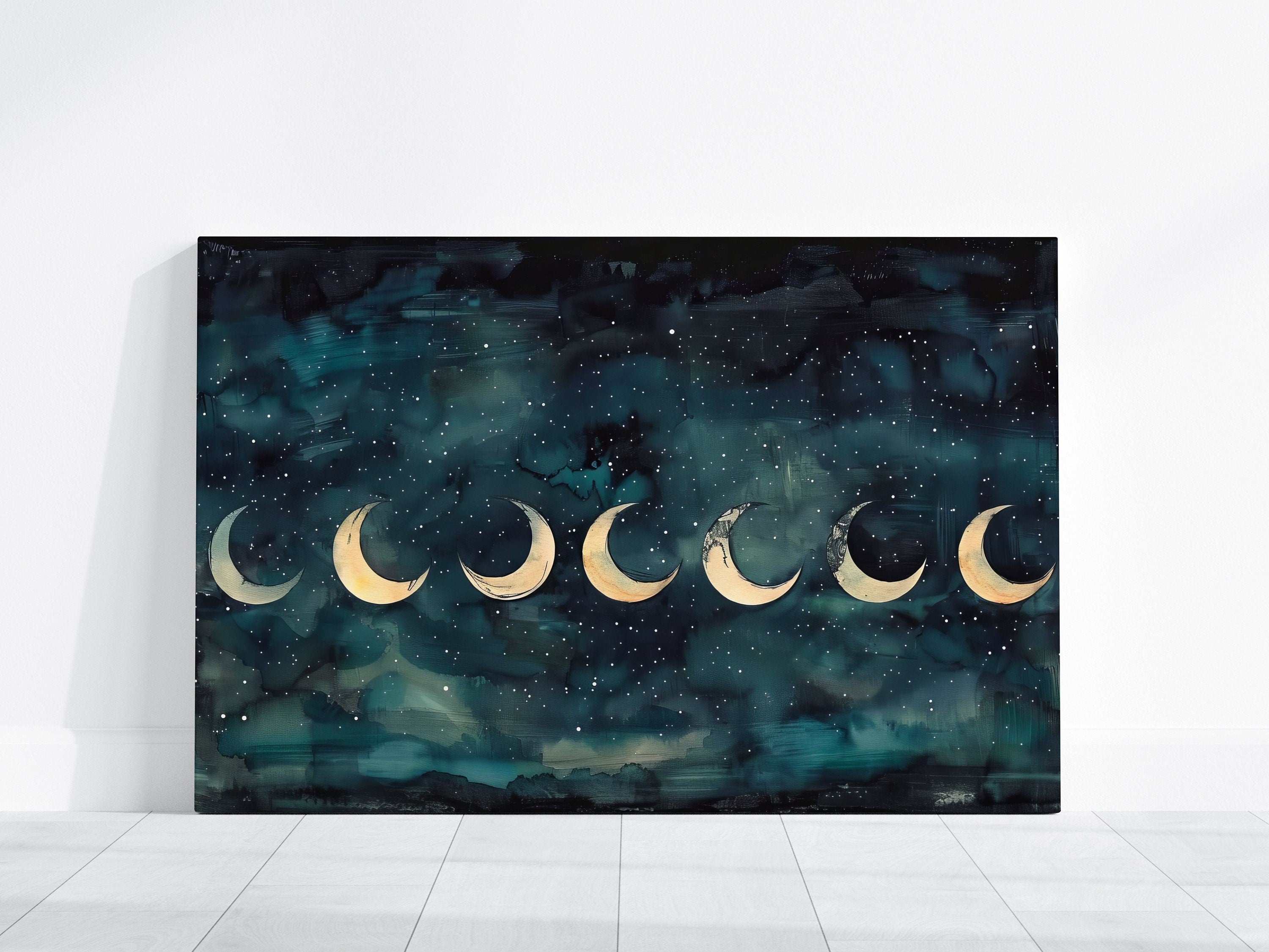 The Eternal Cycle: Watercolor Moon Phases on Starry Night | Celestial & Serene Wall Art